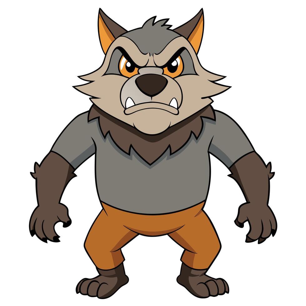 Angry cartoon werewolf character standing fiercely in costume design illustration vector