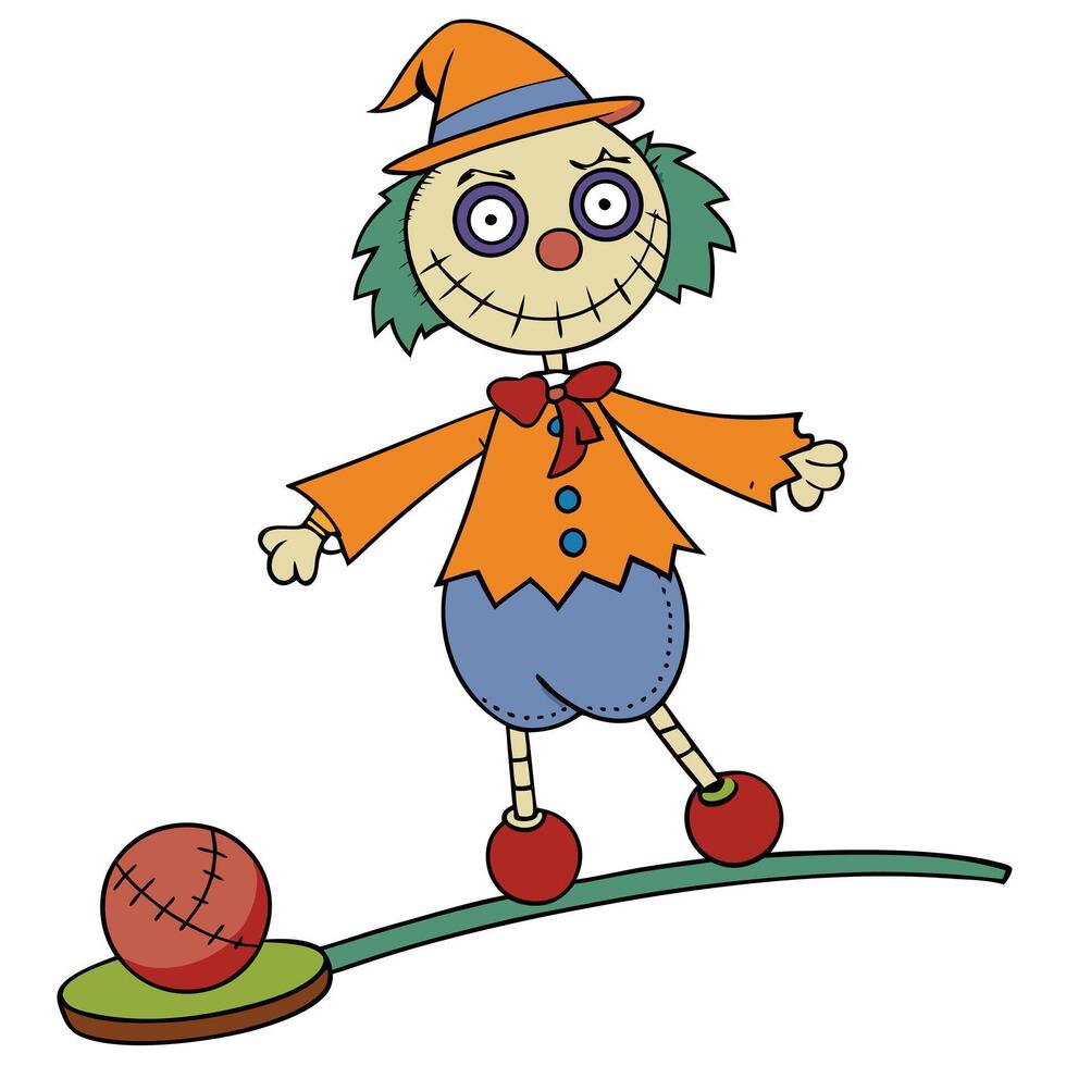 Cartoon scarecrow balancing on a line with a ball illustration vector
