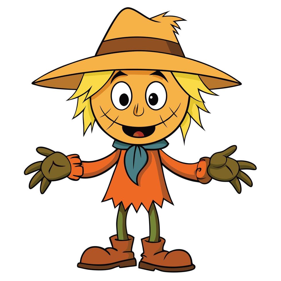 Cartoon scarecrow with hat and scarf stands smiling cheerfully illustration vector