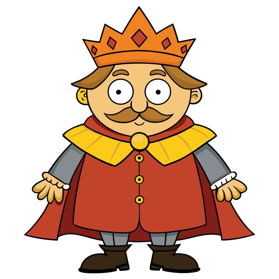 Cartoon king character wearing crown and red cape illustration on white background vector