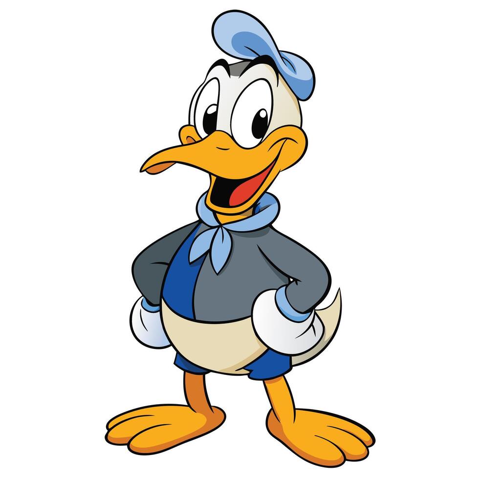 Cartoon duck character standing proudly with hands on hips animated style vector