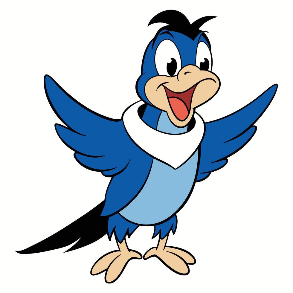 Cheerful animated blue bird with open wings and happy expression vector
