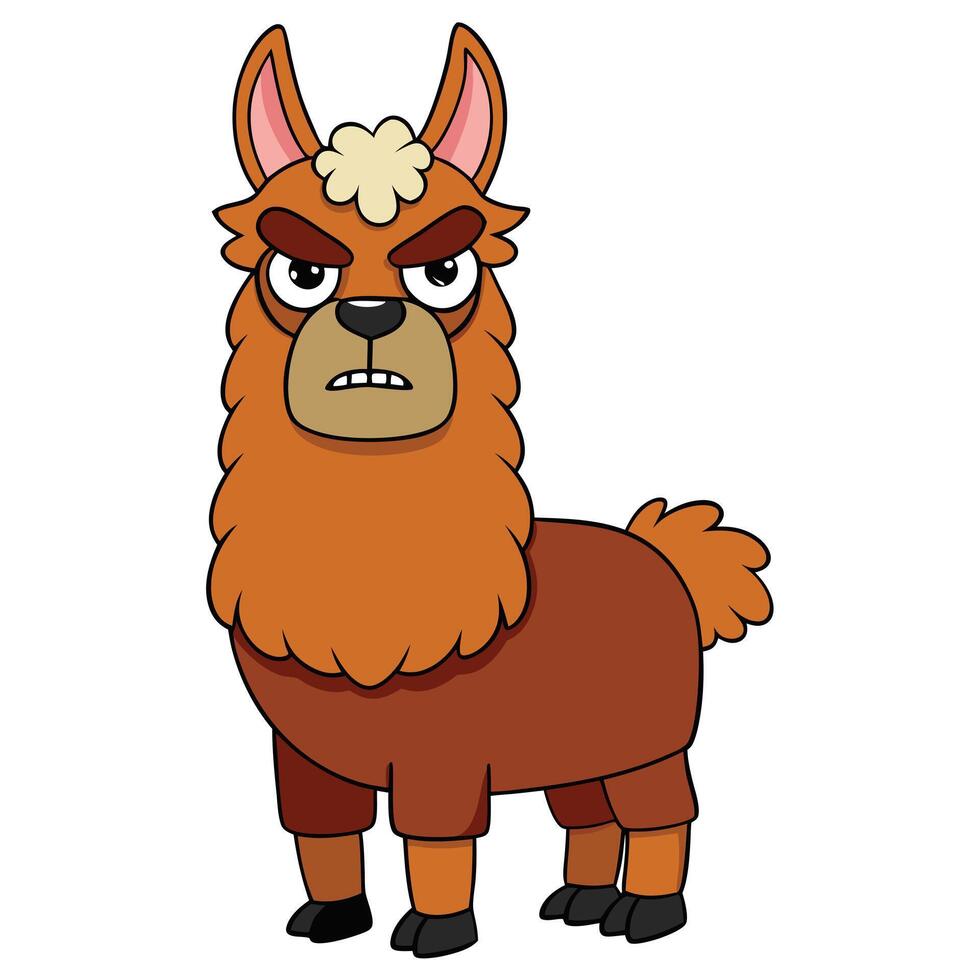 Angry cartoon llama illustration with brown fur and serious expression vector