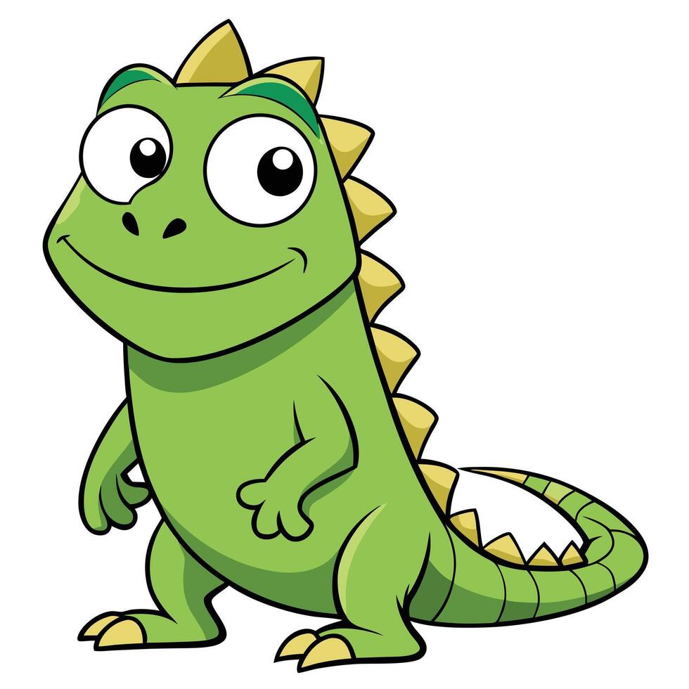 Friendly green cartoon dinosaur character with big eyes standing smiling vector