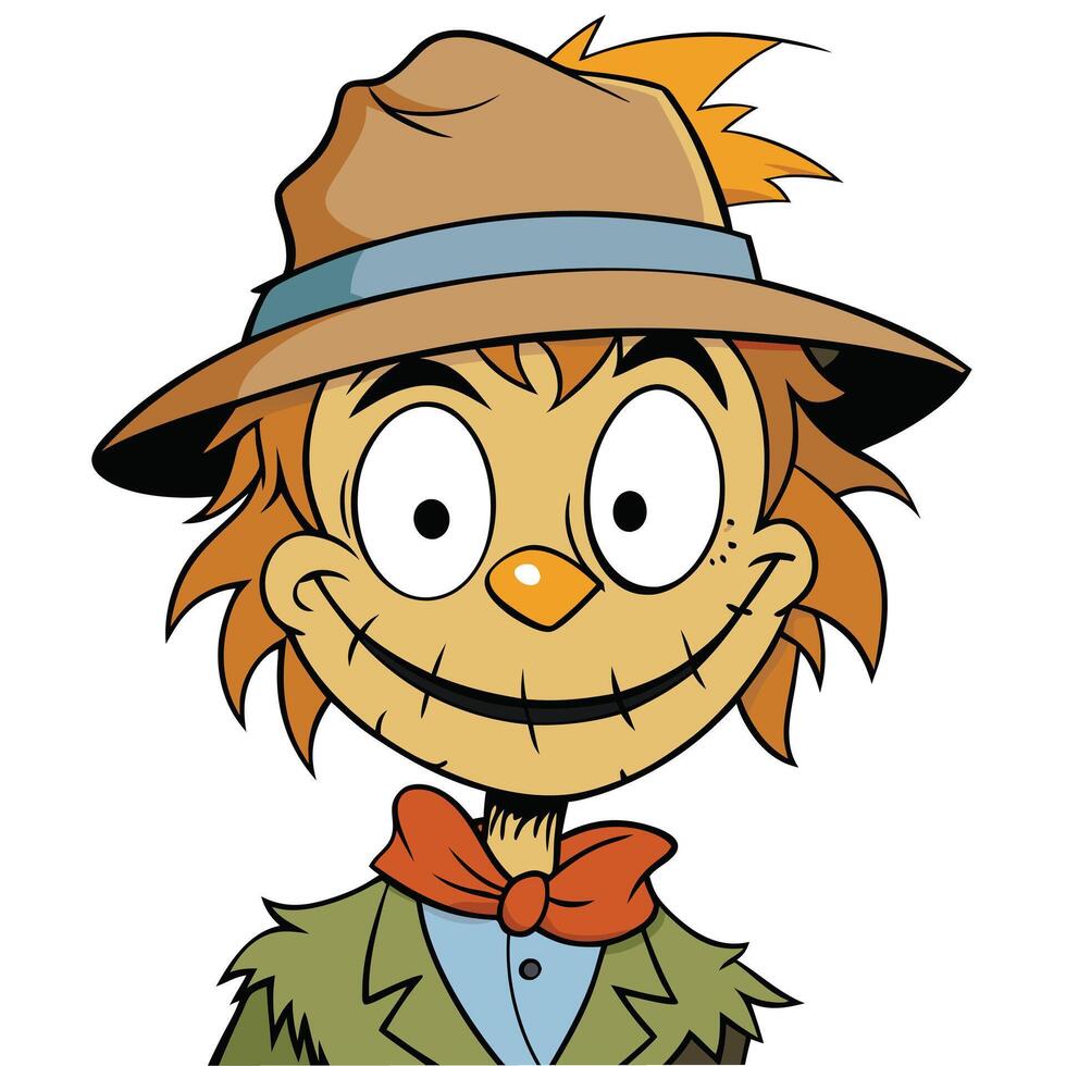 Cartoon scarecrow illustration with hat and bow tie cheerful expression vector