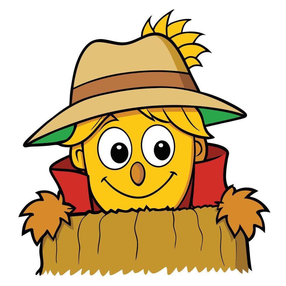Cute cartoon scarecrow with hat and hay bale illustration for autumn vector