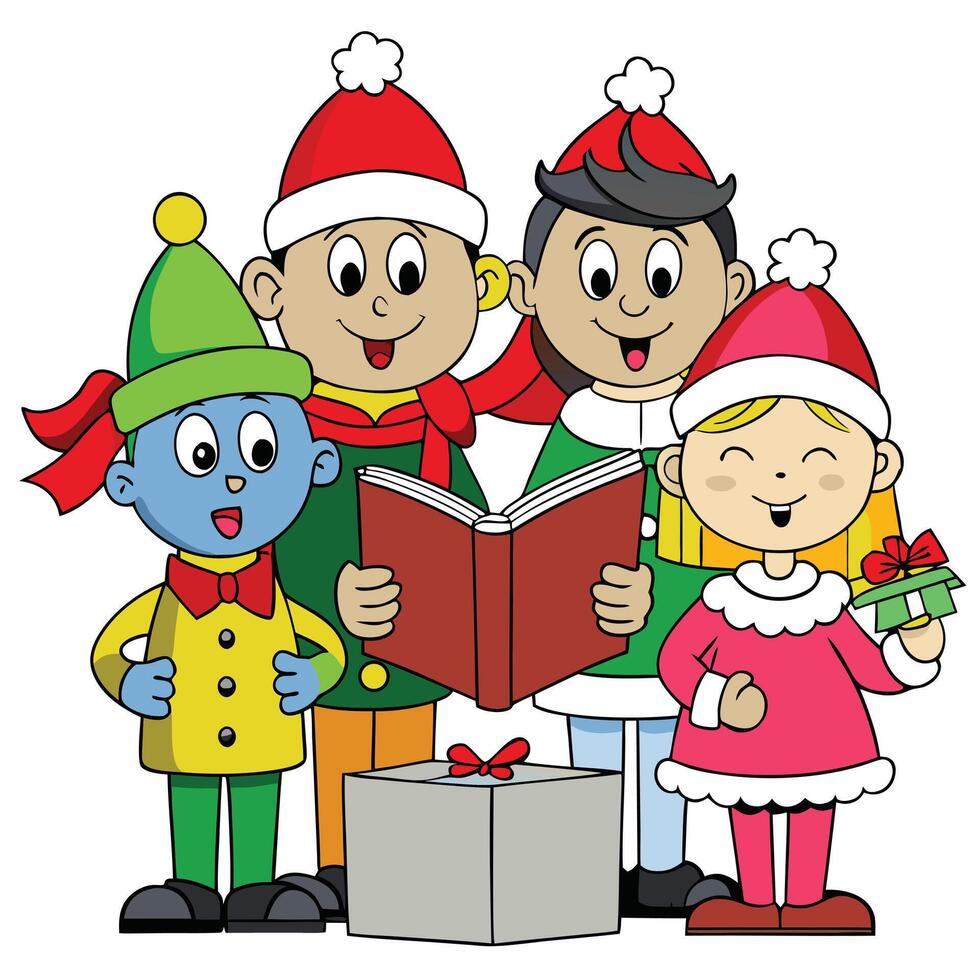 Group of children singing christmas carols illustration holiday celebration vector