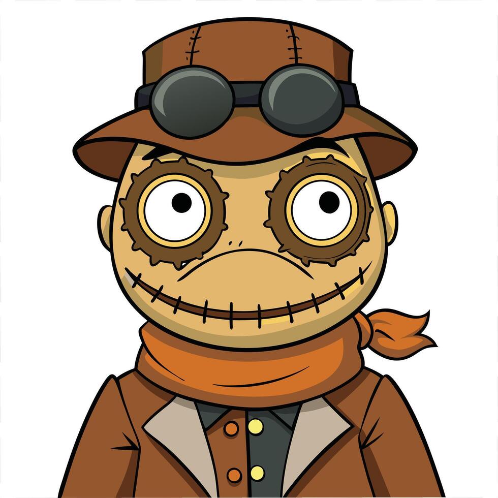 Cartoon steampunk scarecrow character with goggles and scarf for fantasy illustration vector