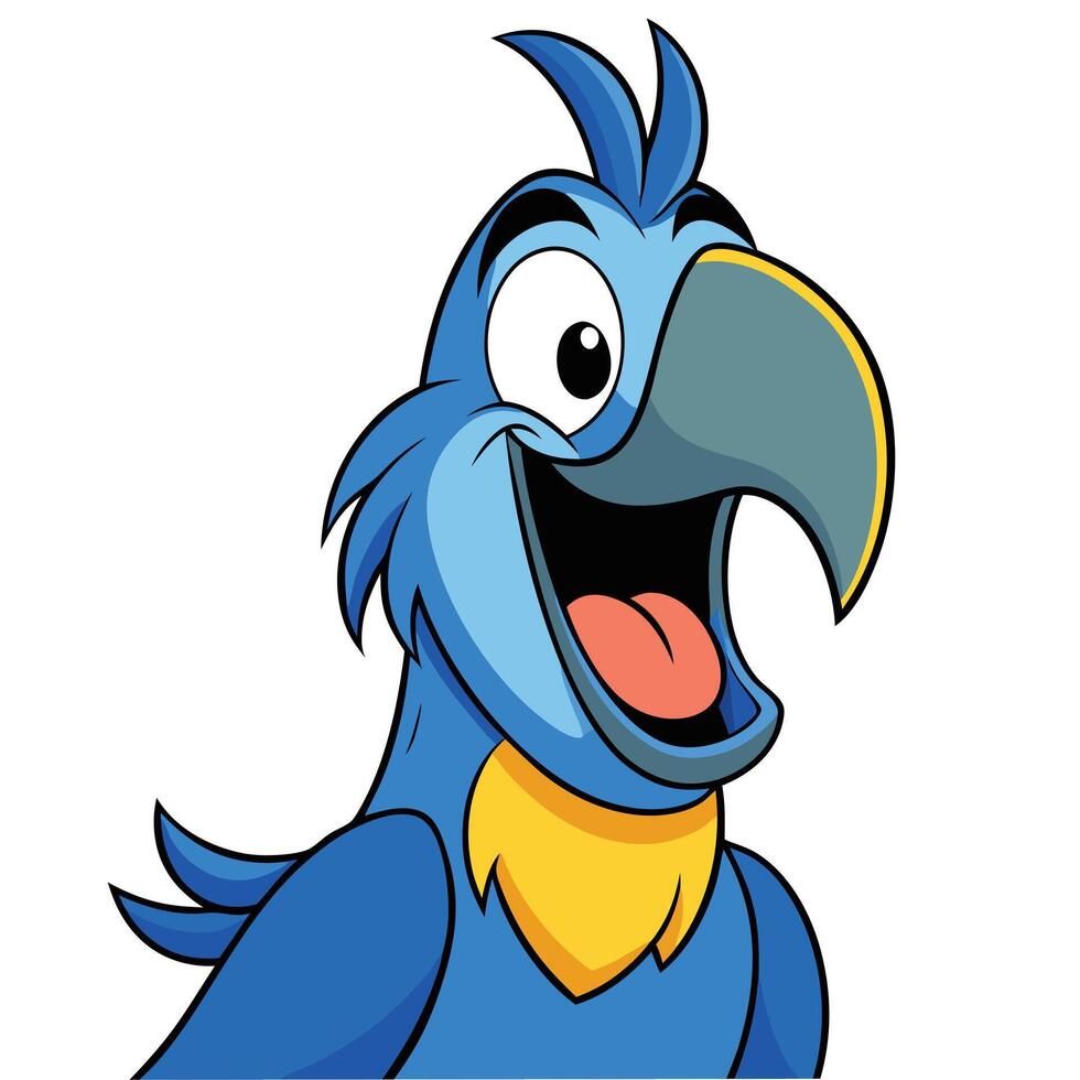 Cheerful blue parrot cartoon character with open beak and happy expression vector