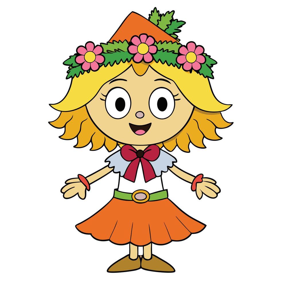 Cartoon girl character with flower crown illustration smiling happily vector