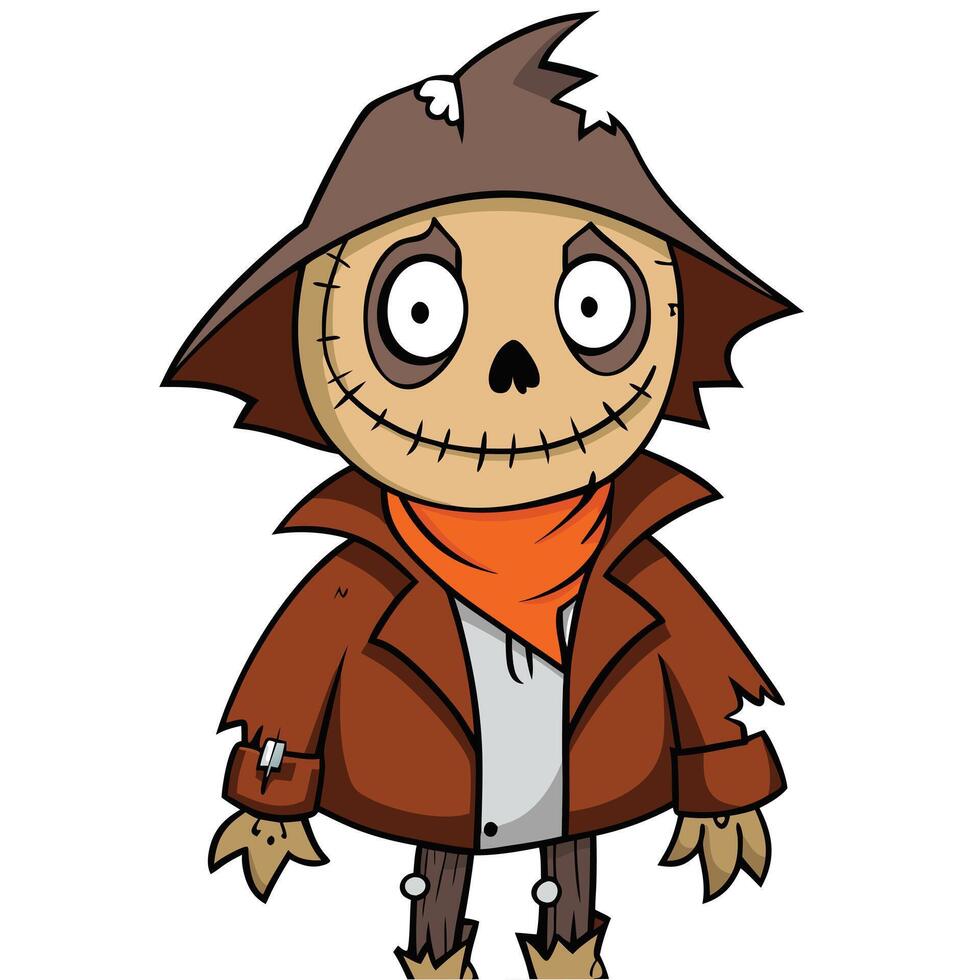 Cartoon halloween scarecrow character illustration in brown hat and orange neck scarf vector
