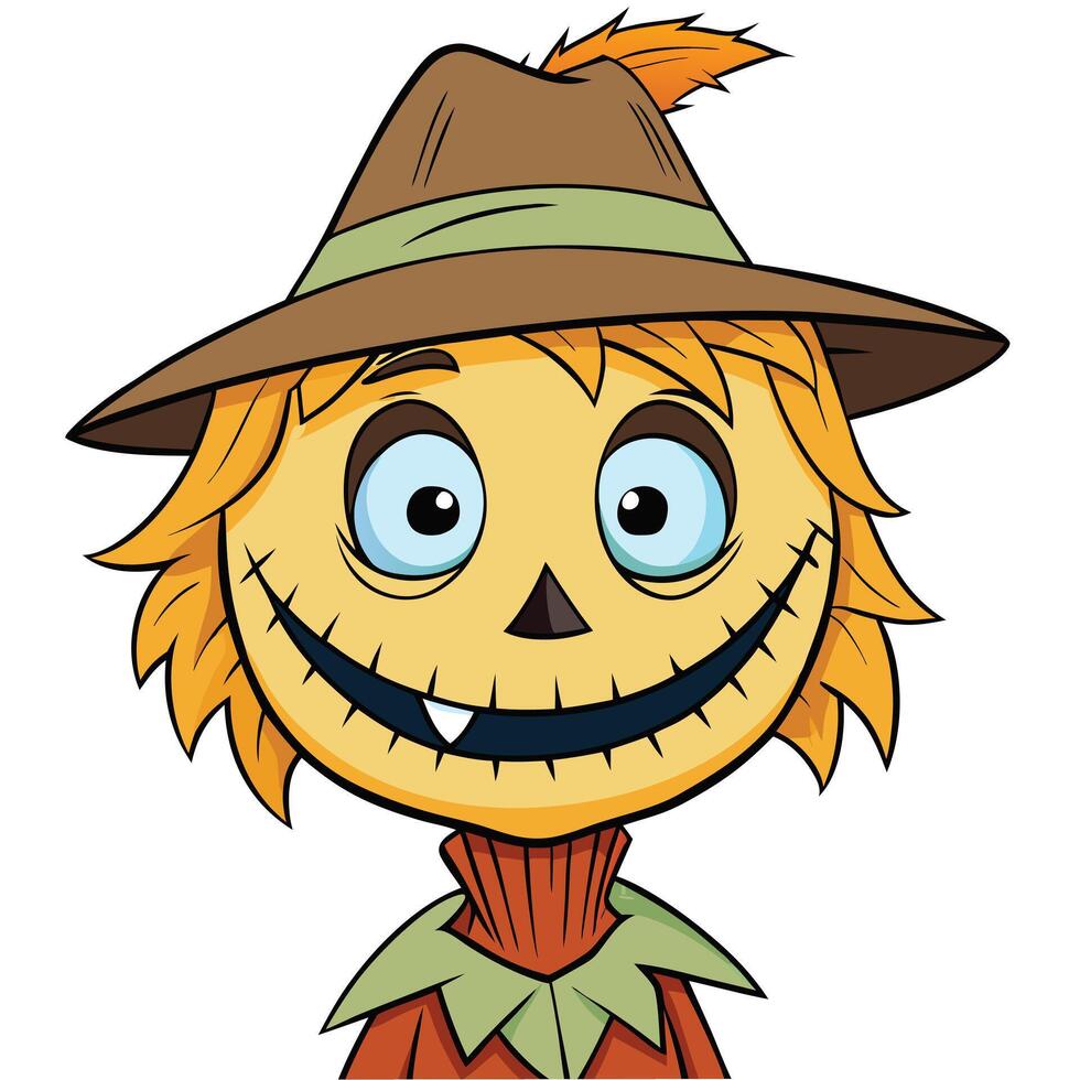 Cute cartoon scarecrow illustration with straw hat and friendly smile for fall vector