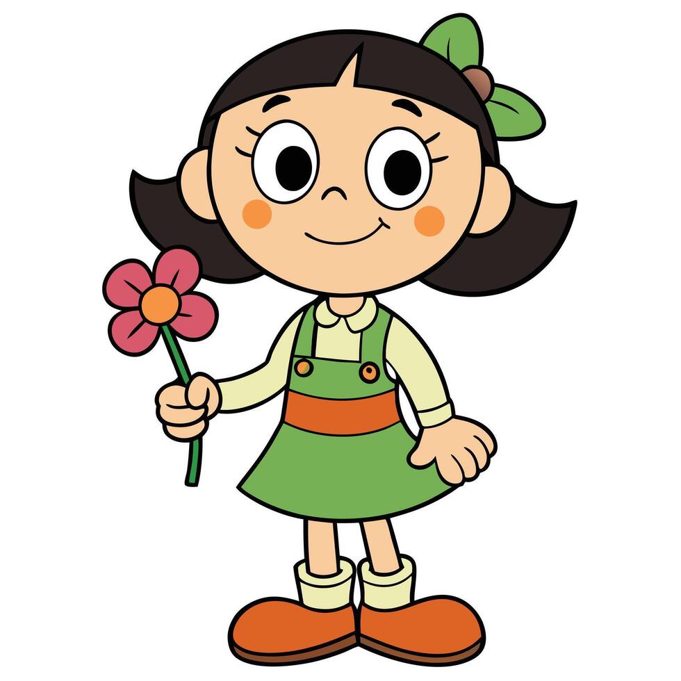 Cartoon girl holding a flower happy child in overalls illustration vector