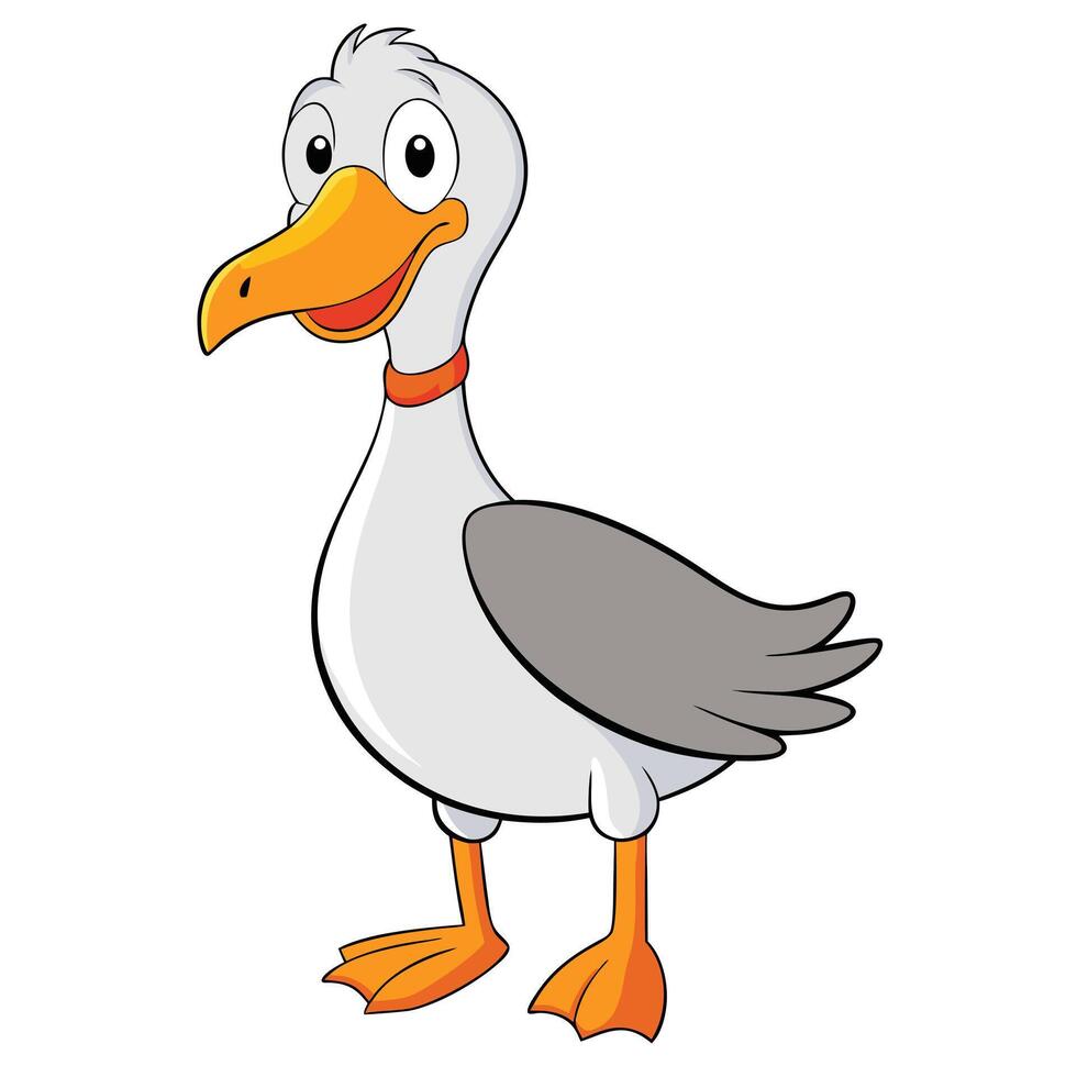 Adorable goose cartoon illustration smiling with orange beak and feet on white background vector
