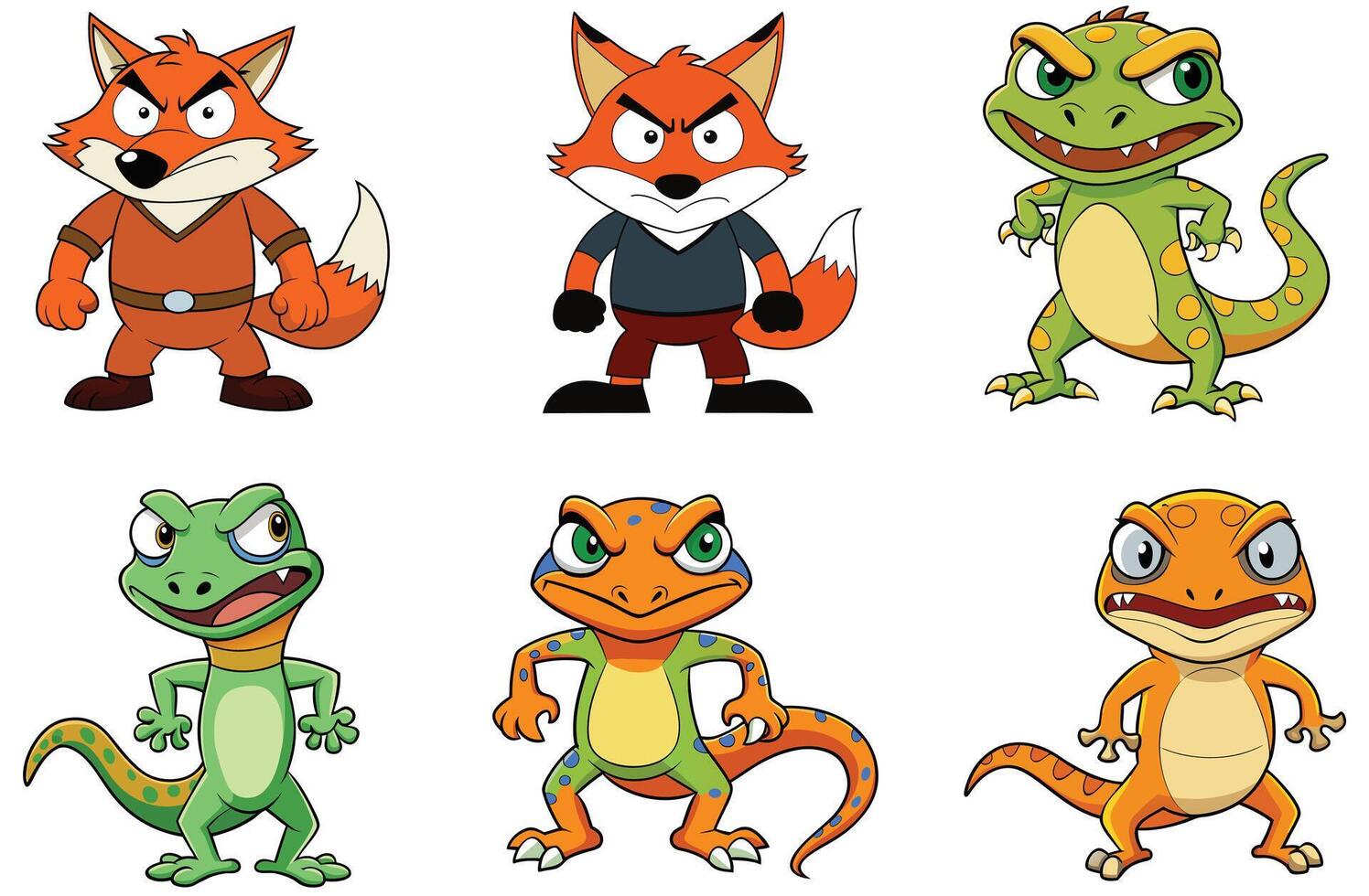 Angry cartoon animals illustration featuring alligators and different monkey species vector