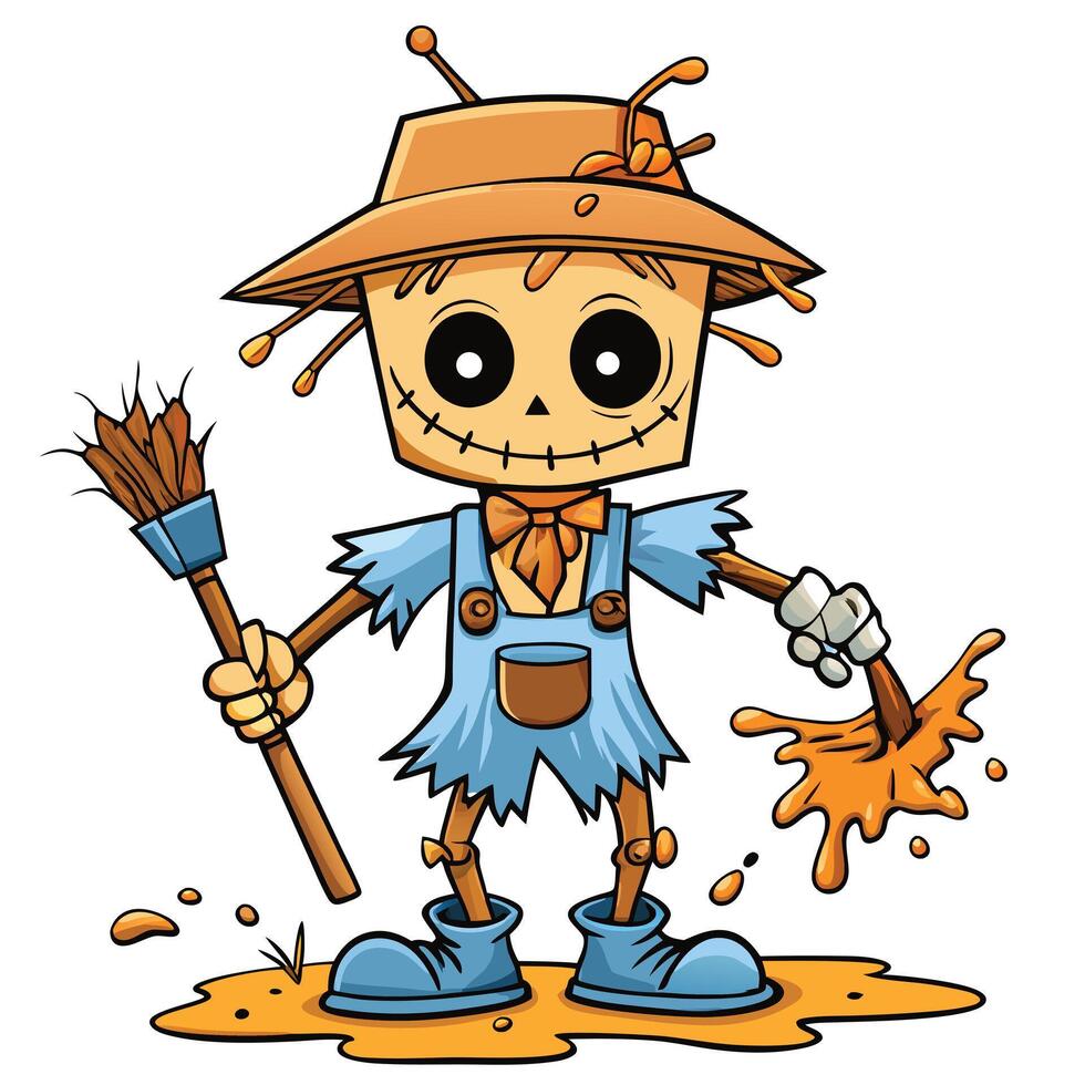 Cartoon style scarecrow with broom and bucket of paint illustration vector