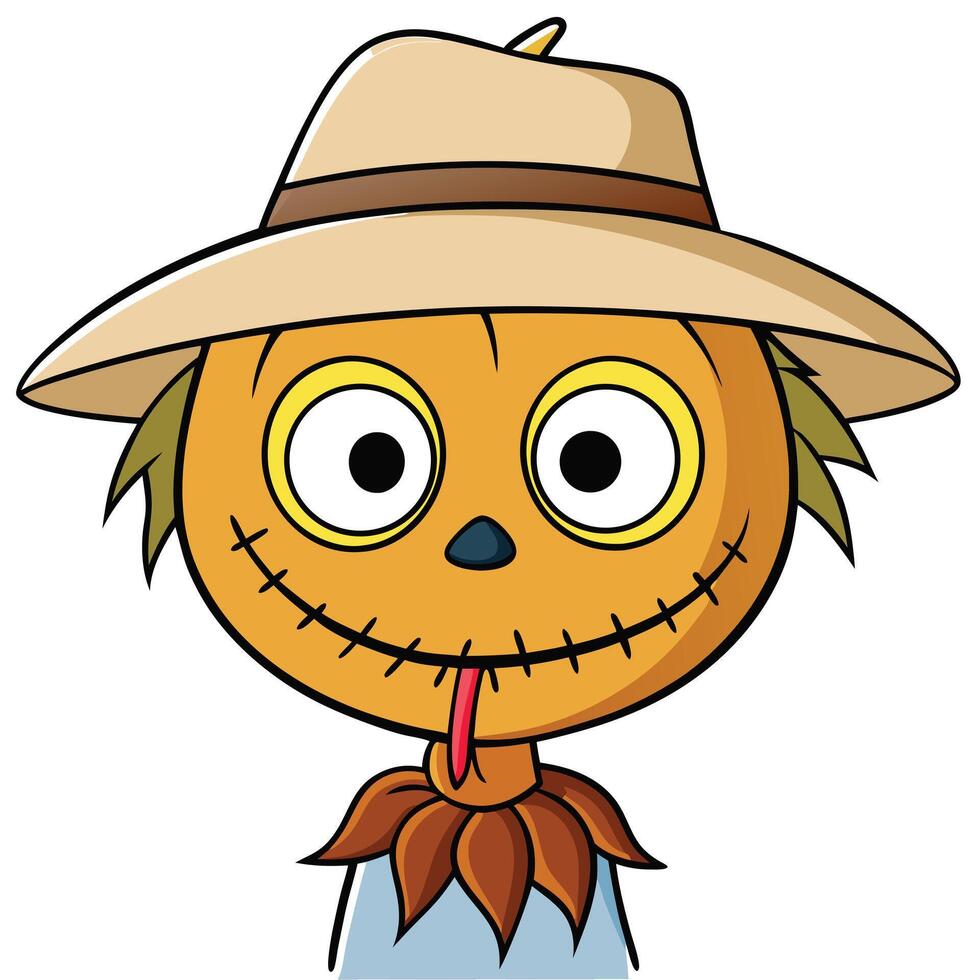 Cartoon scarecrow character with hat and stitched mouth perfect for fall season vector