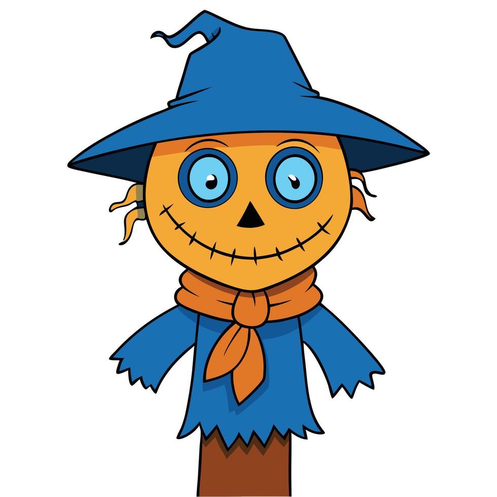 Cartoon halloween scarecrow character with blue hat and orange scarf design vector