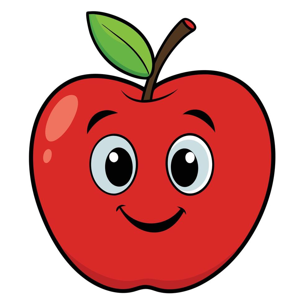 Cute cartoon red apple with smiling face and green leaf illustration vector