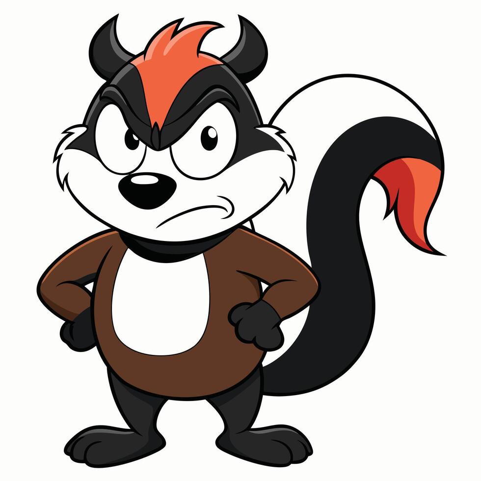 Grumpy cartoon skunk standing with hands on hips isolated illustration vector