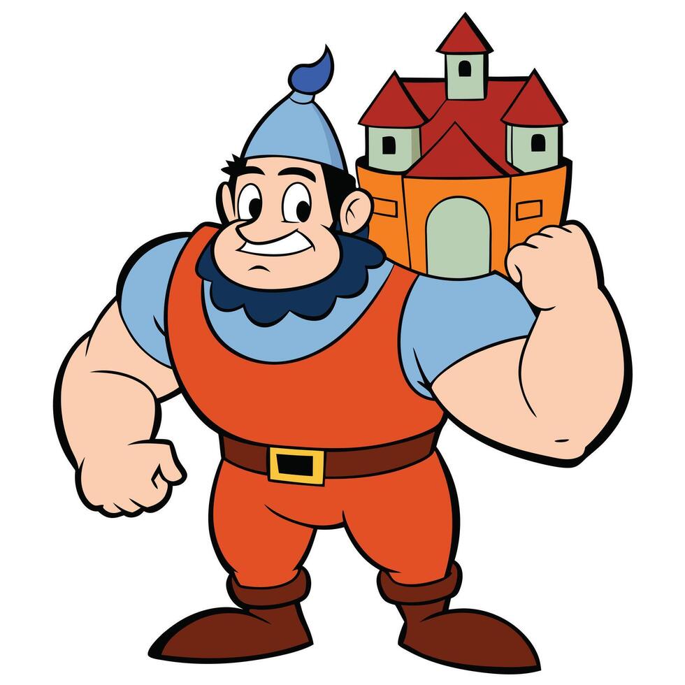 Cartoon strongman carrying a castle on his shoulder illustration vector