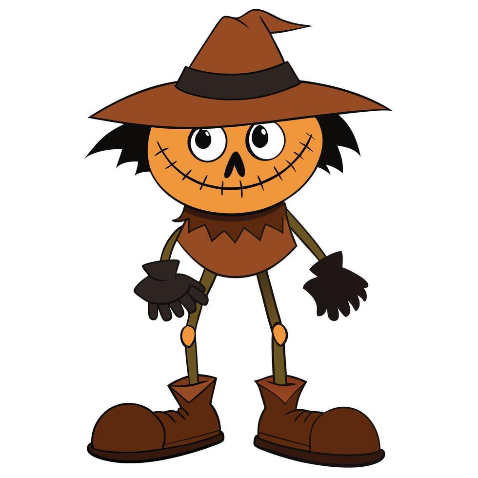 Cute cartoon scarecrow with pumpkin head and hat for halloween illustration vector