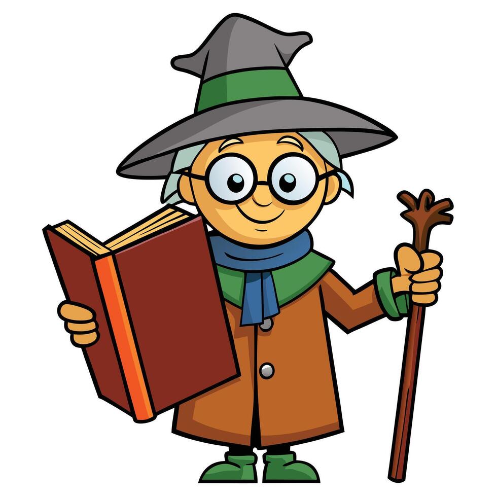 Cartoon wizard character holding book and staff isolated on white background vector