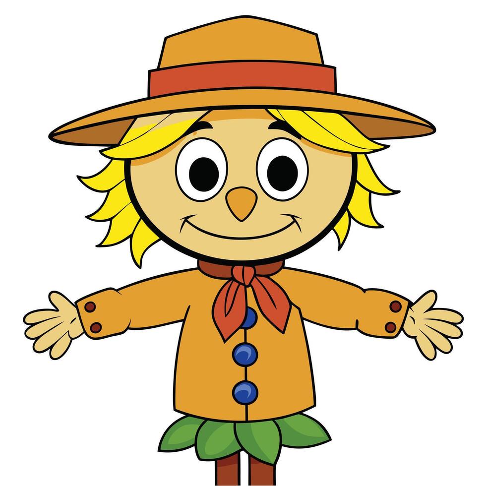 Cartoon illustration of a smiling scarecrow with open arms and a hat vector