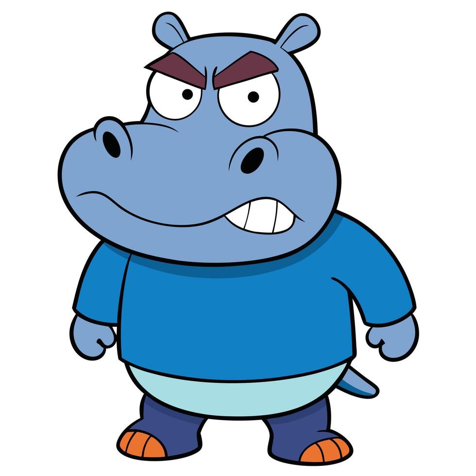 Irritated cartoon hippopotamus character with angry expression in blue outfit illustration vector