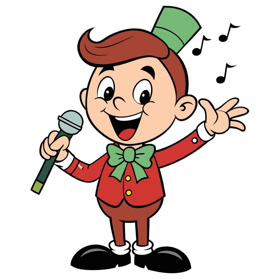 Cheerful cartoon singer boy with microphone performing music vector