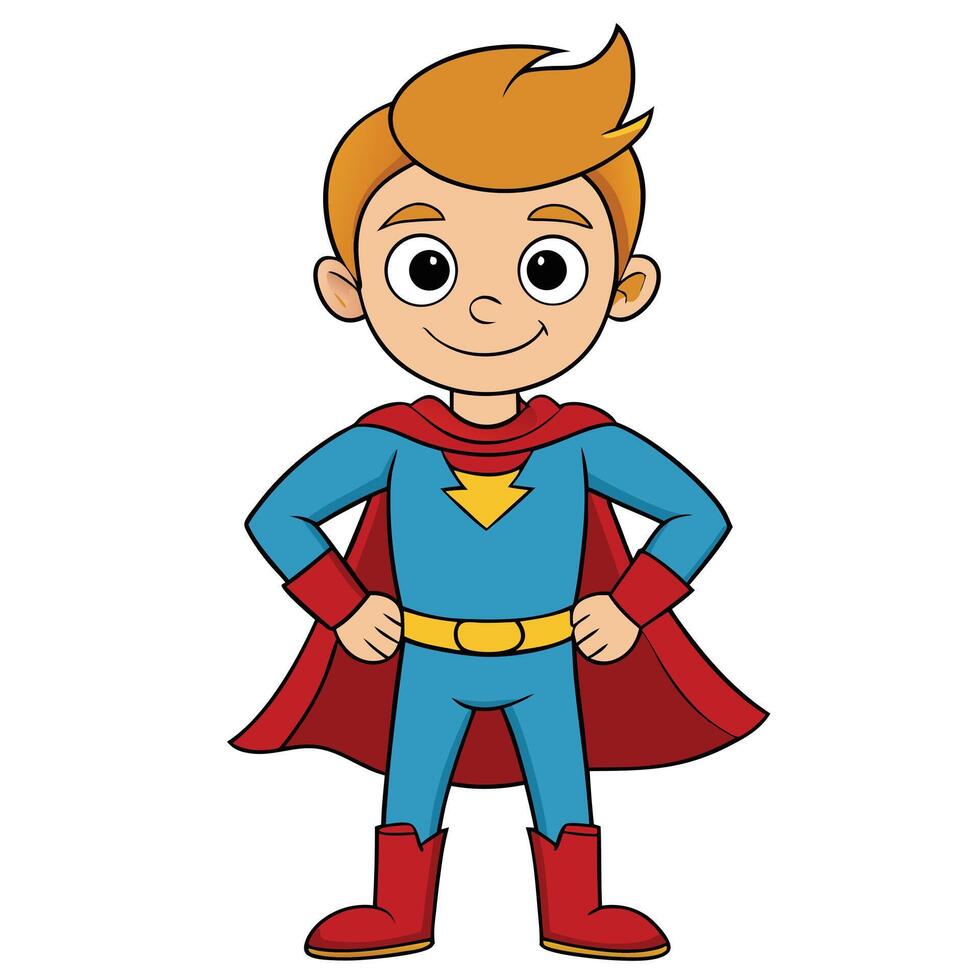 Cartoon superhero boy with red cape and blue suit stands confidently vector