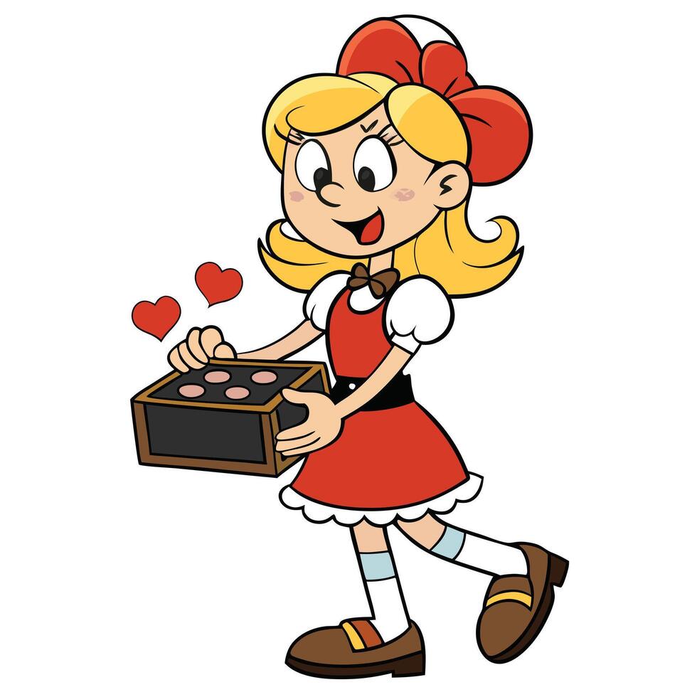 Cartoon girl holding chocolates with hearts ideal for valentines day celebration vector