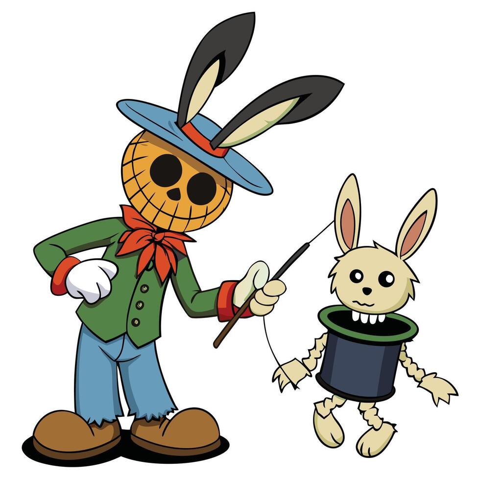 Cartoon scarecrow magician performing a magic trick with a rabbit in a hat vector