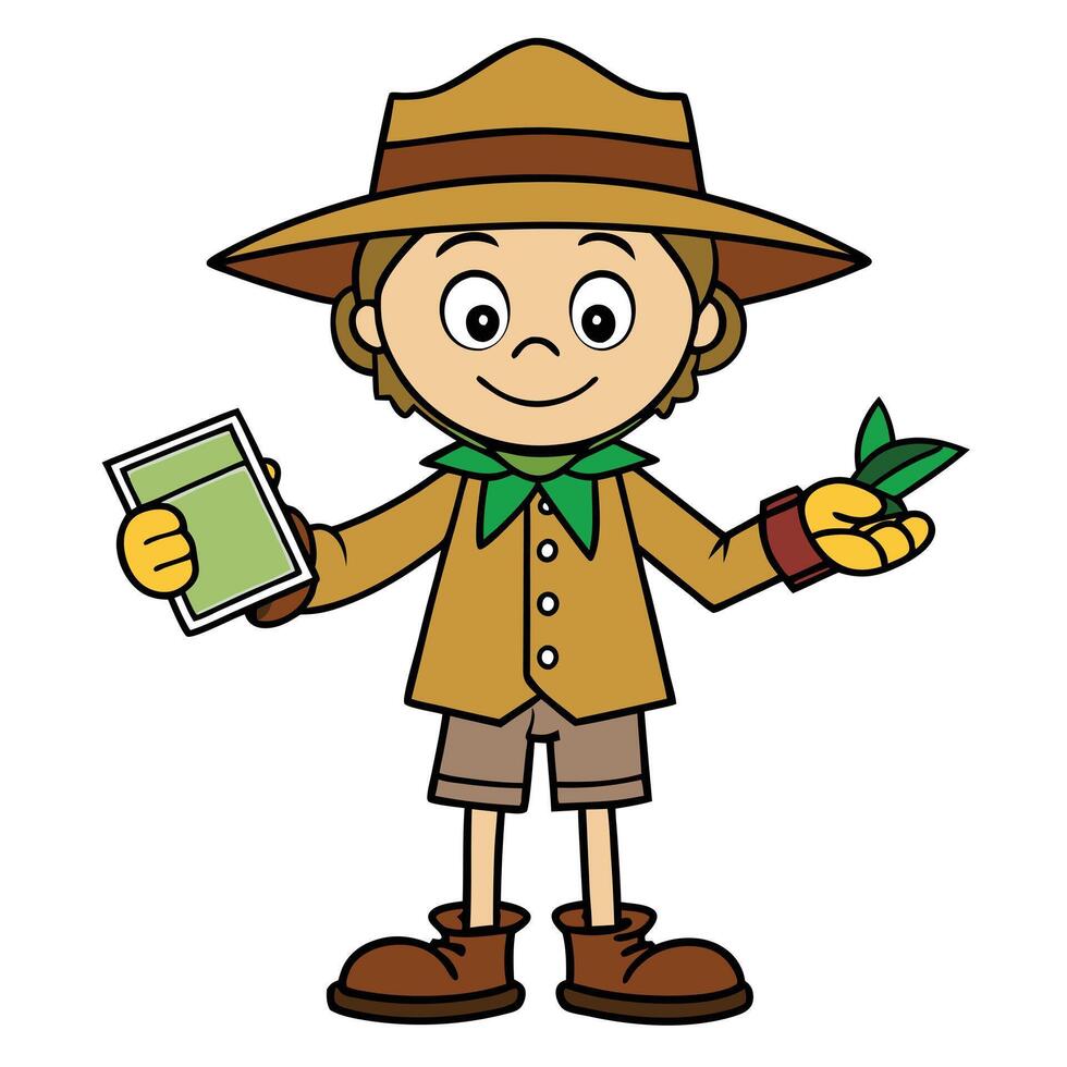 Cartoon boy scout holding plant and seed packet ready for gardening vector