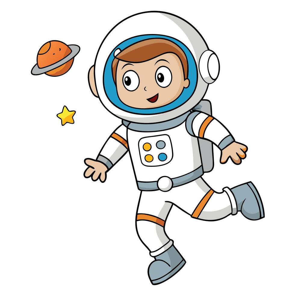 Cartoon astronaut boy floating in space with planet and star vector
