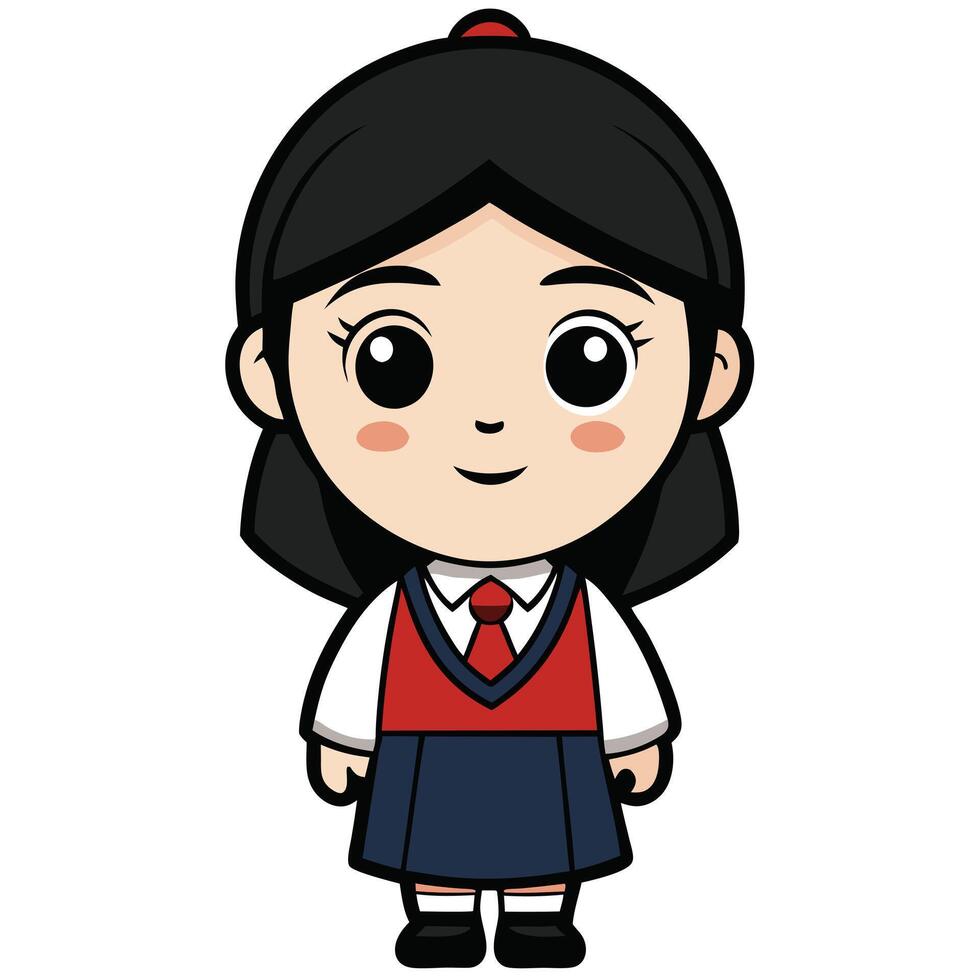 Cute cartoon schoolgirl illustration in uniform smiling and happy ready for school vector