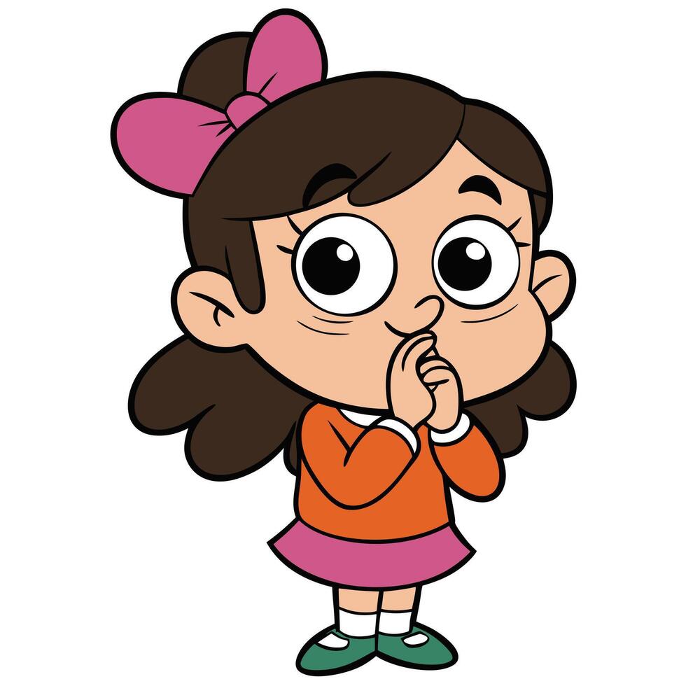 Cartoon girl with pink bow expressing shyness and uncertainty illustration vector