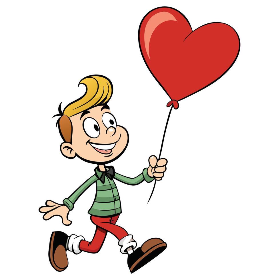 Cartoon boy running happily holding a red heart shaped balloon in hand vector