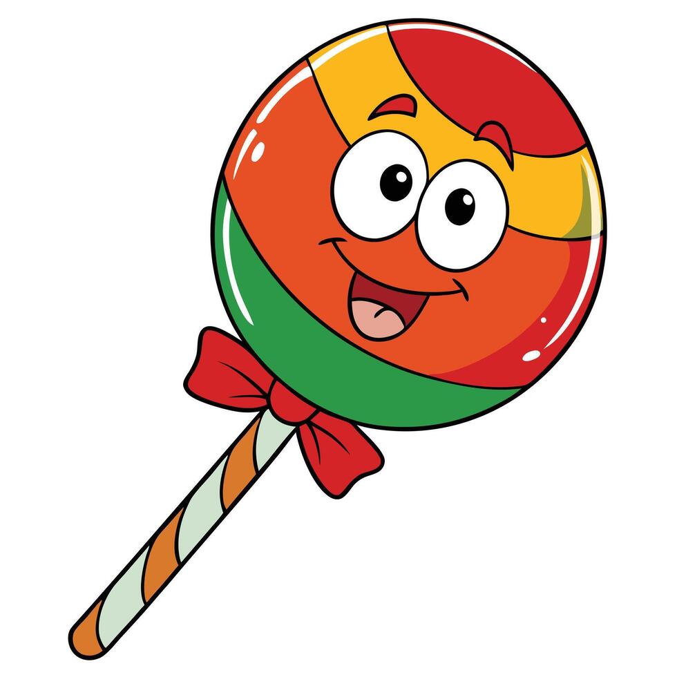 Cartoon lollipop character with smiling face and red bow candy illustration vector