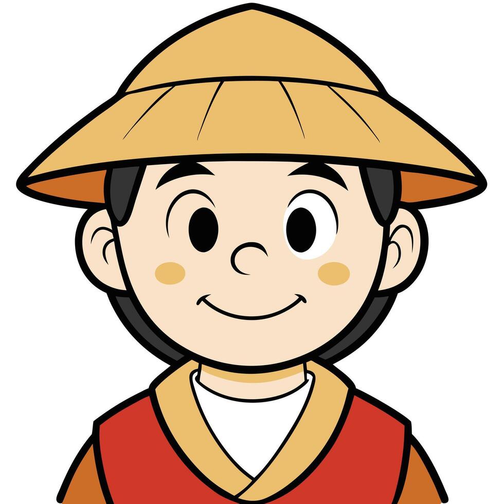 Cartoon boy character wearing a traditional asian conical hat smiling vector