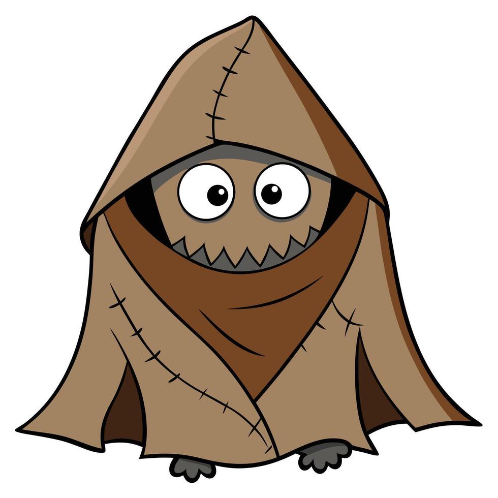 Cartoon monster character in stitched robe with large eyes and spooky smile vector