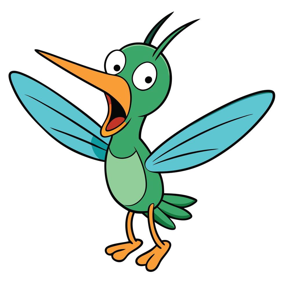 Cartoon hummingbird illustration with blue wings and shocked expression design vector