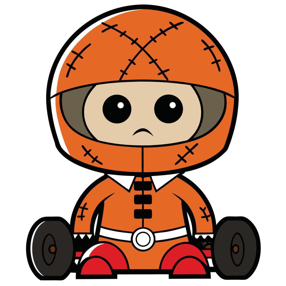 Cartoon character go kart racer in orange suit with stitching details vector