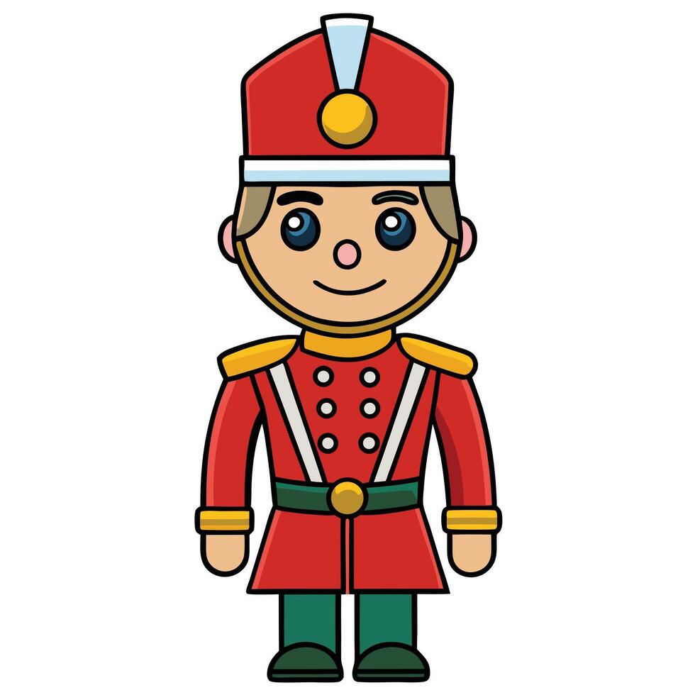 Cute cartoon nutcracker soldier illustration standing upright in full uniform vector