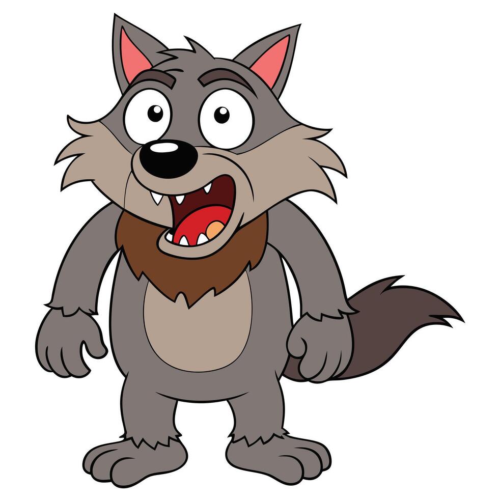 Cartoon gray wolf standing upright with open mouth and wide eyes vector