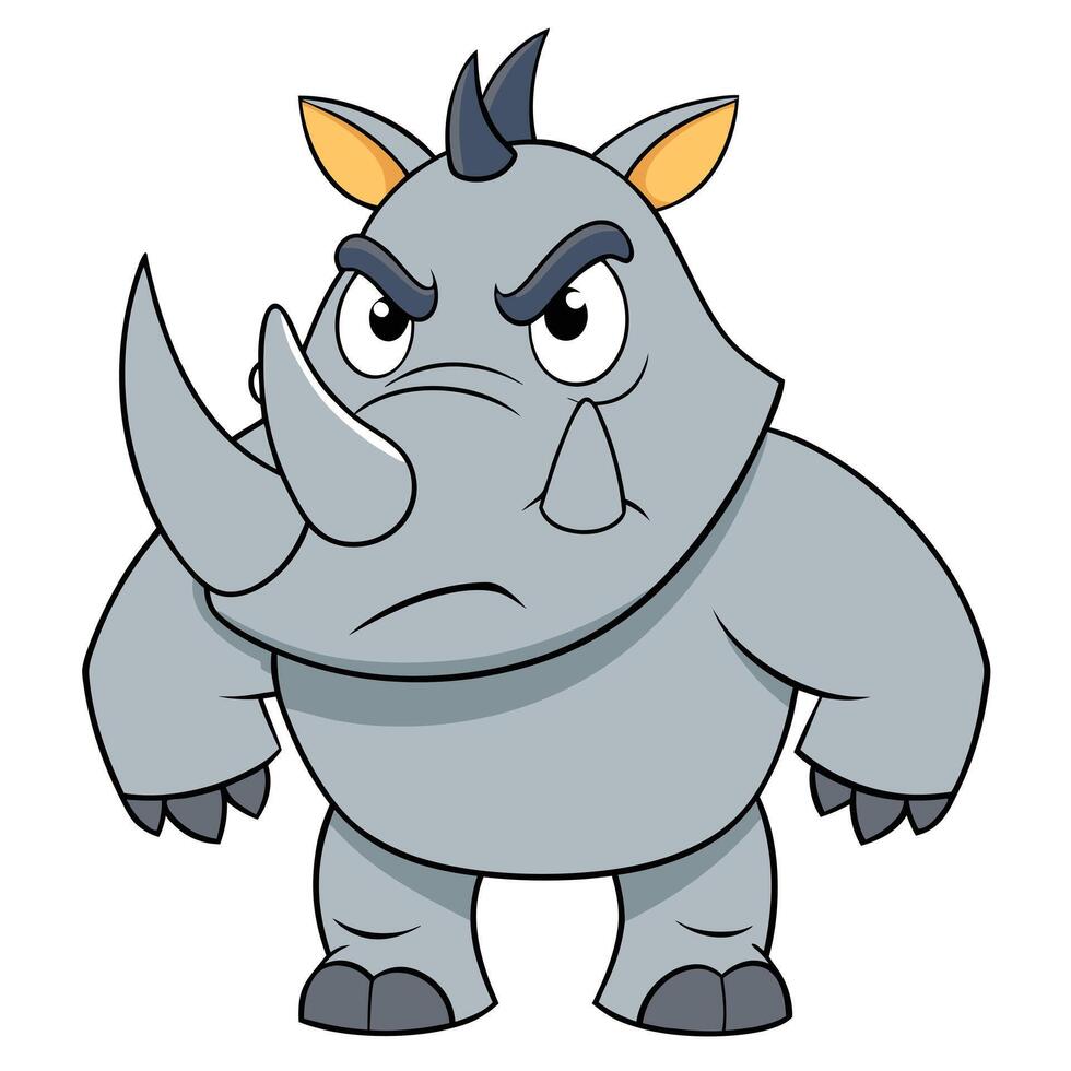 Cartoon rhino illustration featuring an angry expression and determined stance vector