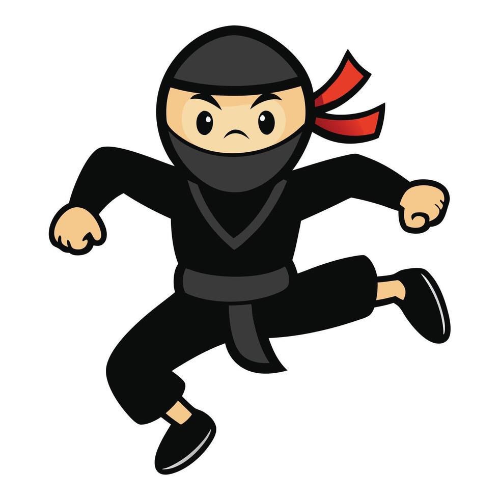 Cartoon ninja character leaping action pose in black suit illustration vector
