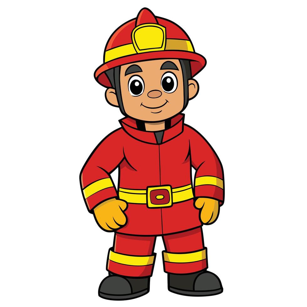 Cartoon illustration of a cheerful firefighter boy ready for action vector
