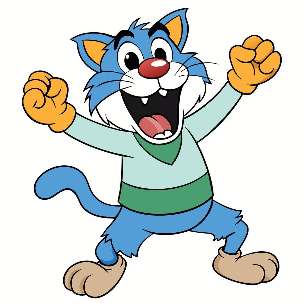 Cheerful blue cat cartoon character mascot celebrating with arms raised illustration vector