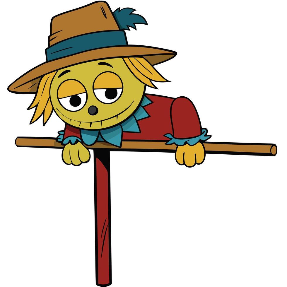 Cartoon scarecrow resting on wooden post illustration isolated design vector